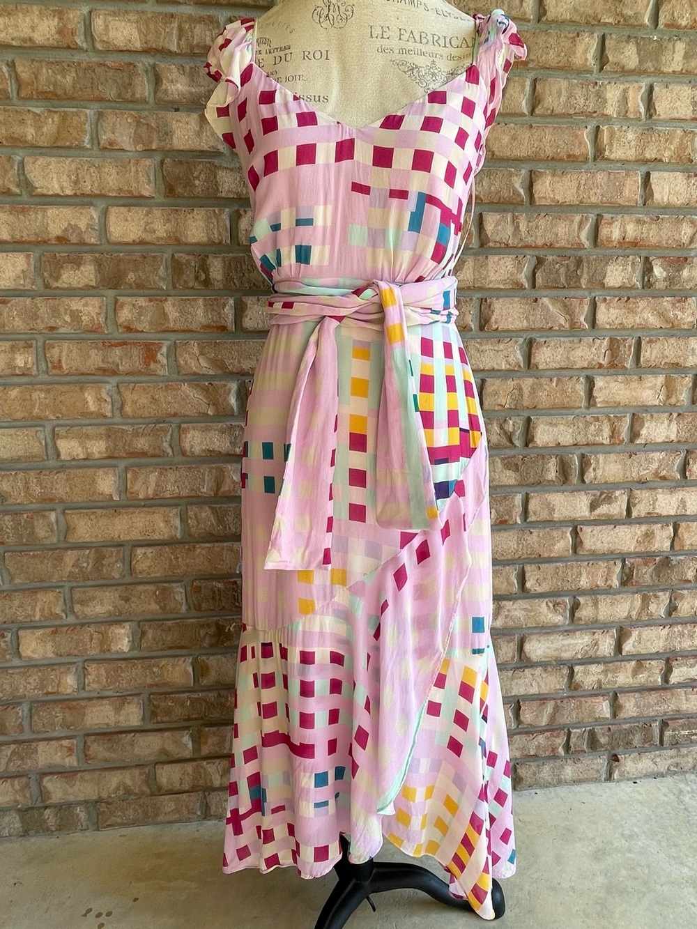 La Maison Talulah Pink Checkered Print Ruffled Hem Midi Dress with Tie Waist.